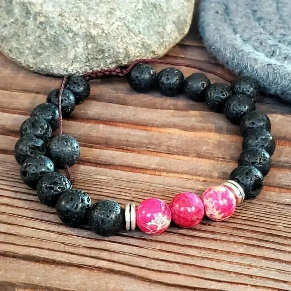 Handcrafted Chakra Bracelet Deep Pink Aqua Terra Jasper Black Lava - Picture 5 of 7